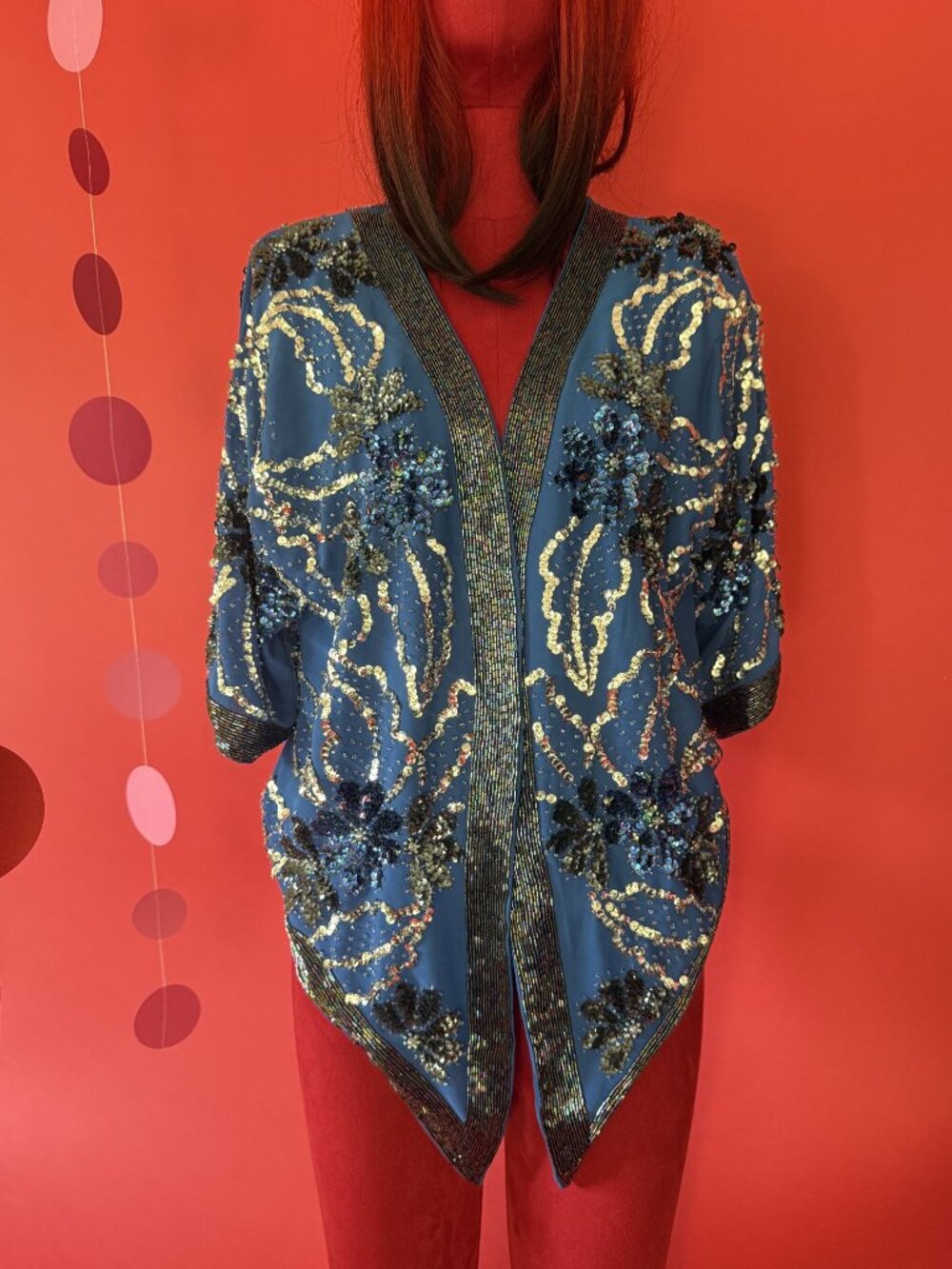 Vintage Blue Sequin Beaded Kimono Jacket – 1980s Glam Evening Blouse – Art Deco